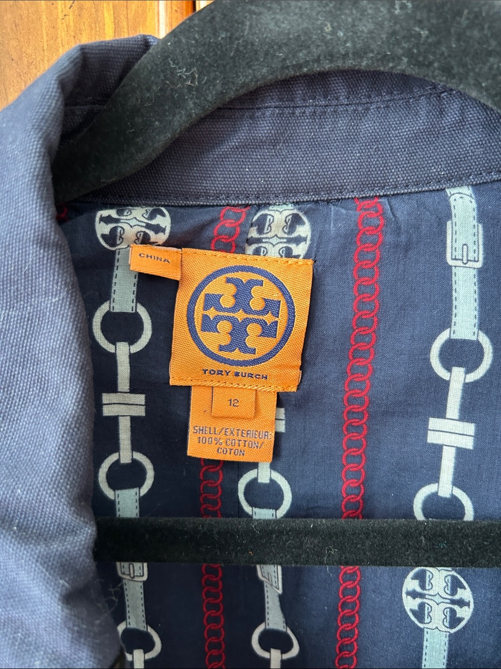 Tory Burch Navy Trench Coat with Black Trim and Multi-Colored Logo Buttons - Picture 3 of 7